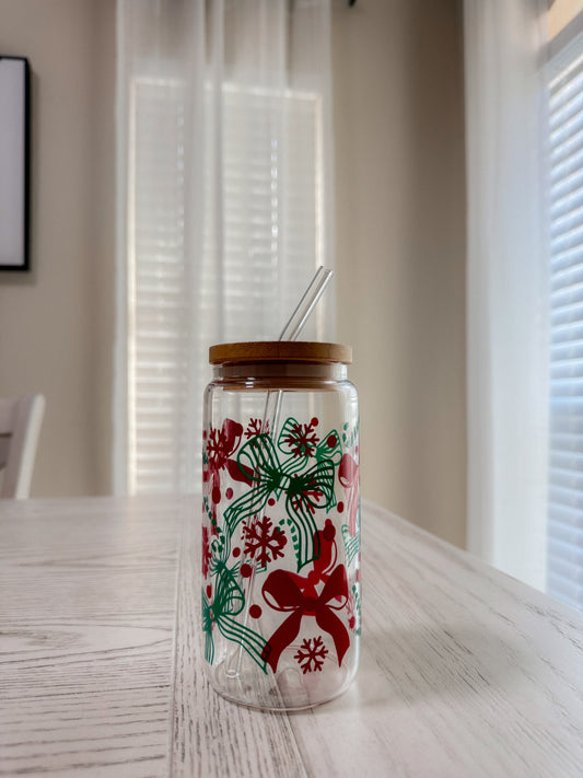 16oz festive bows glass