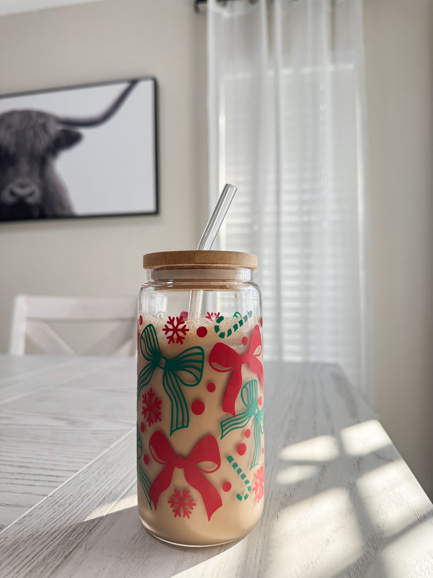 16oz festive bows glass